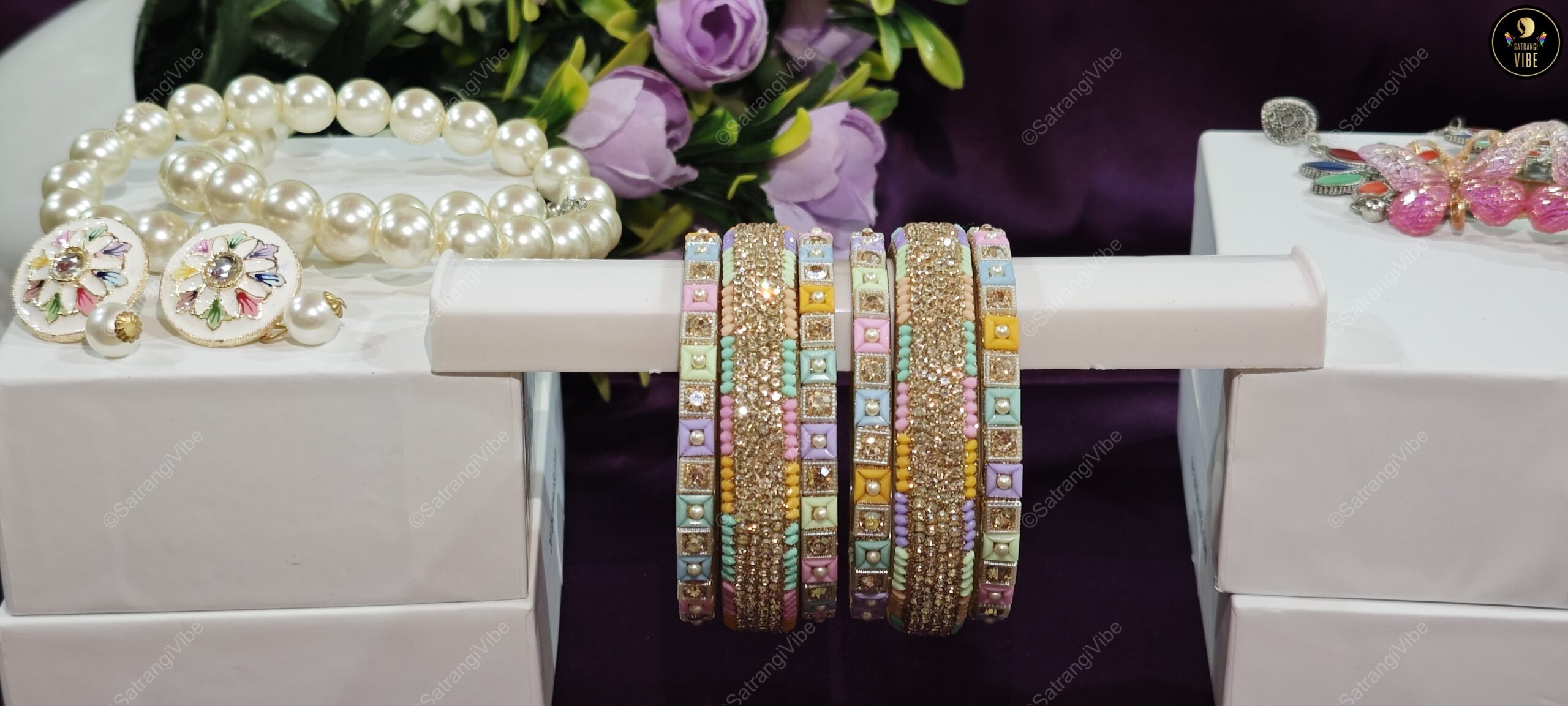 Set of Six Multi Colored Gold Bangles - Image 6