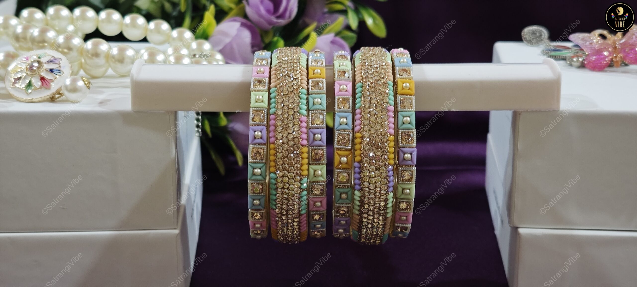 Set of Six Multi Colored Gold Bangles - Image 2