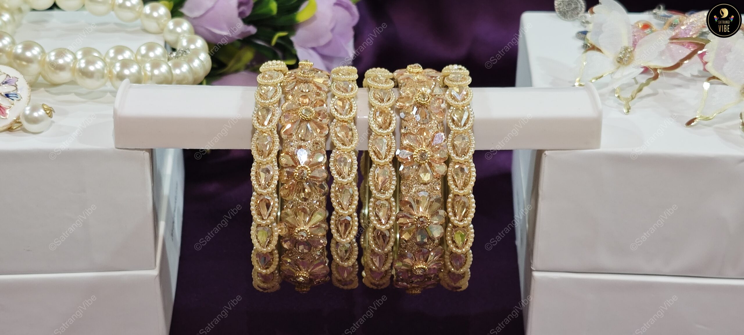 Set of Six Golden Flower Bangles - Image 7