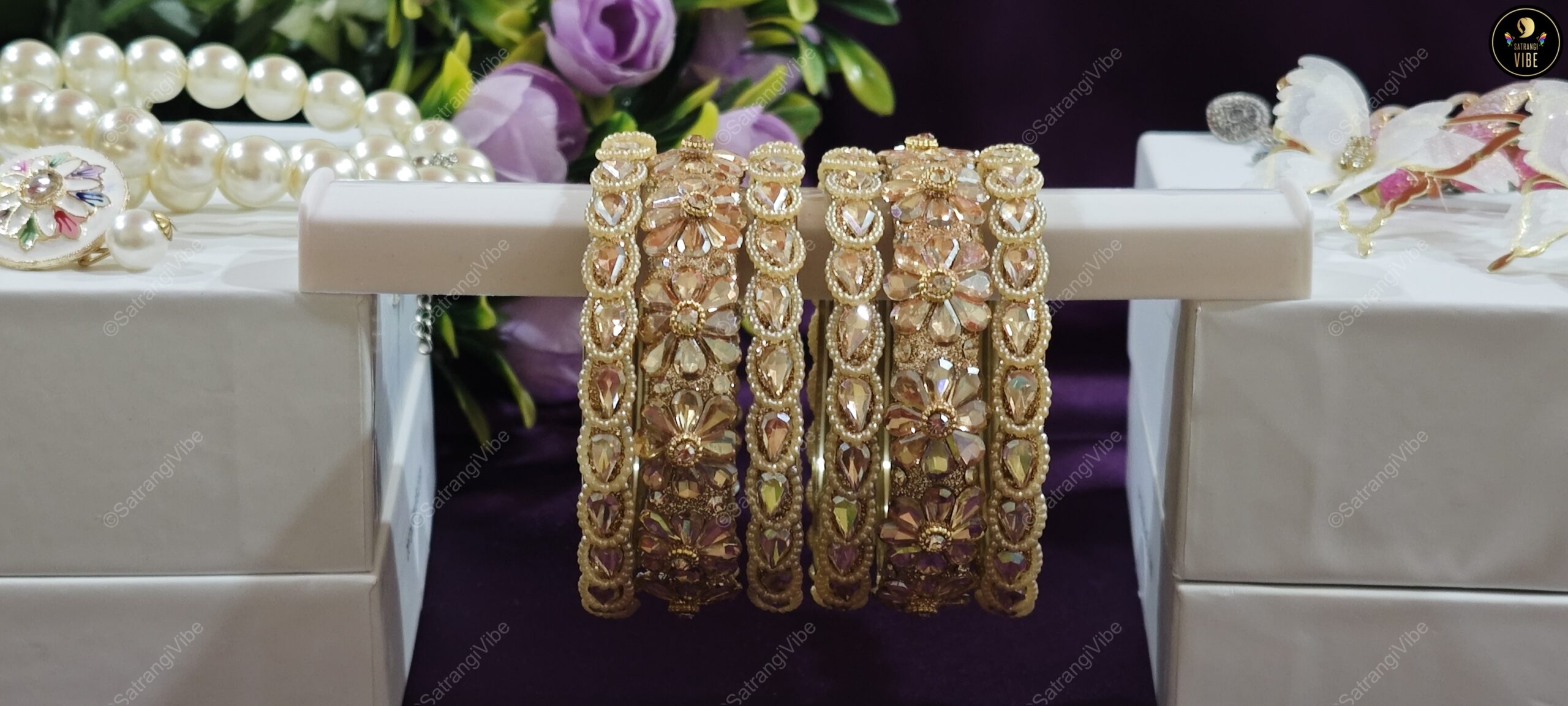 Set of Six Golden Flower Bangles - Image 6