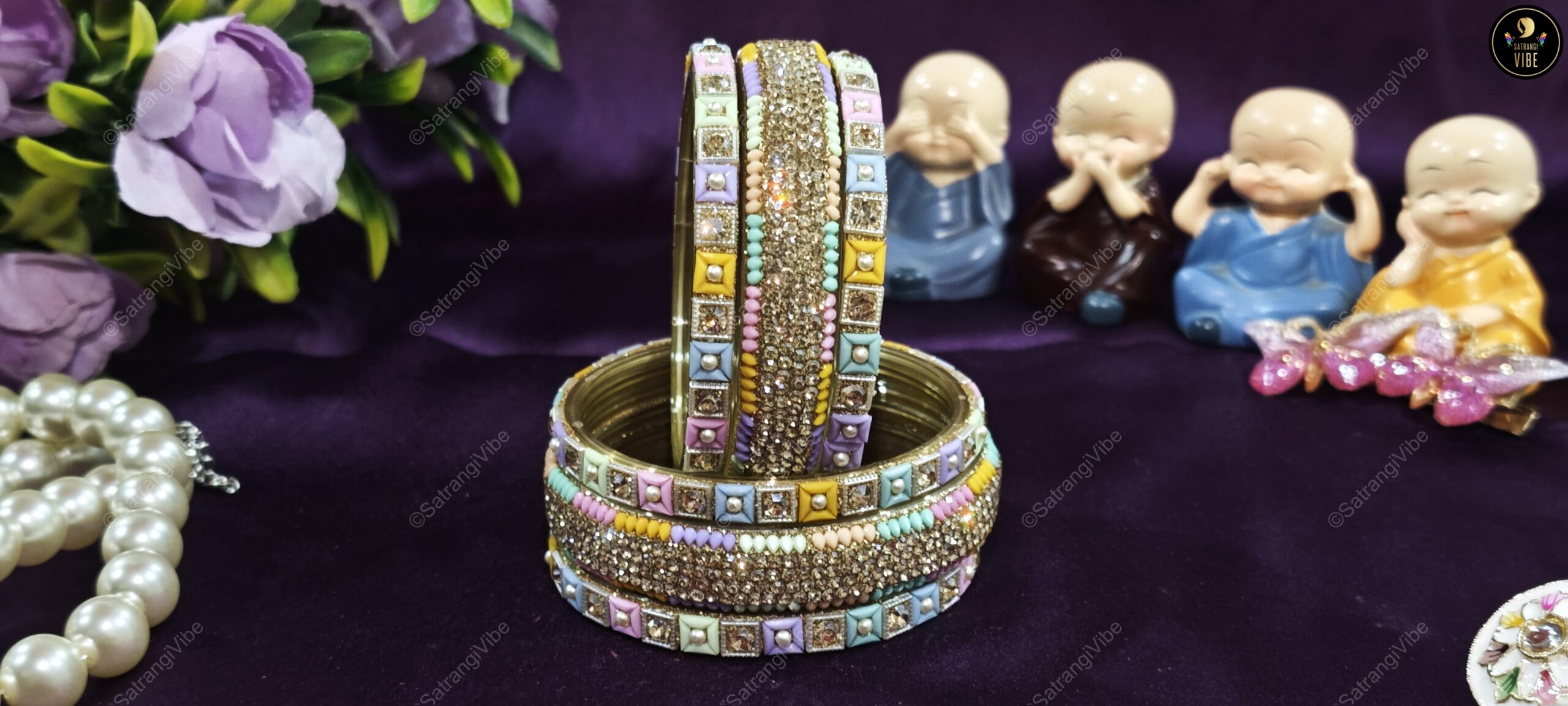 Set of Six Multi Colored Gold Bangles - Image 5