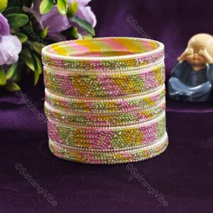 Set of Six Green Pink Yellow Beads Bangles Set