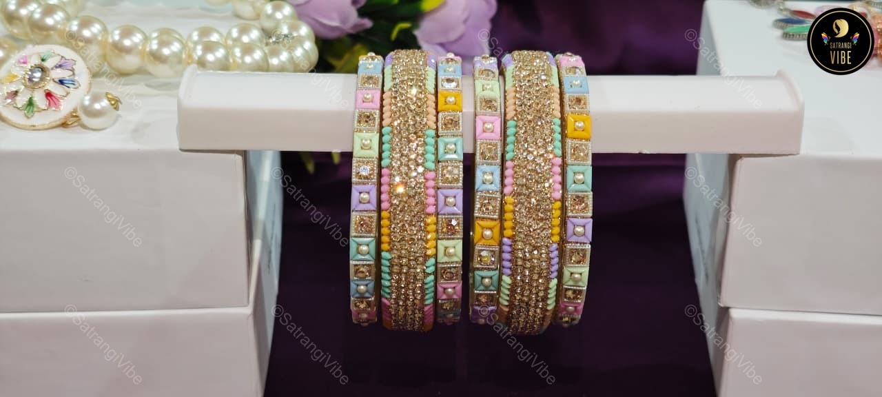 Set of Six Multi Colored Gold Bangles Set - Image 4