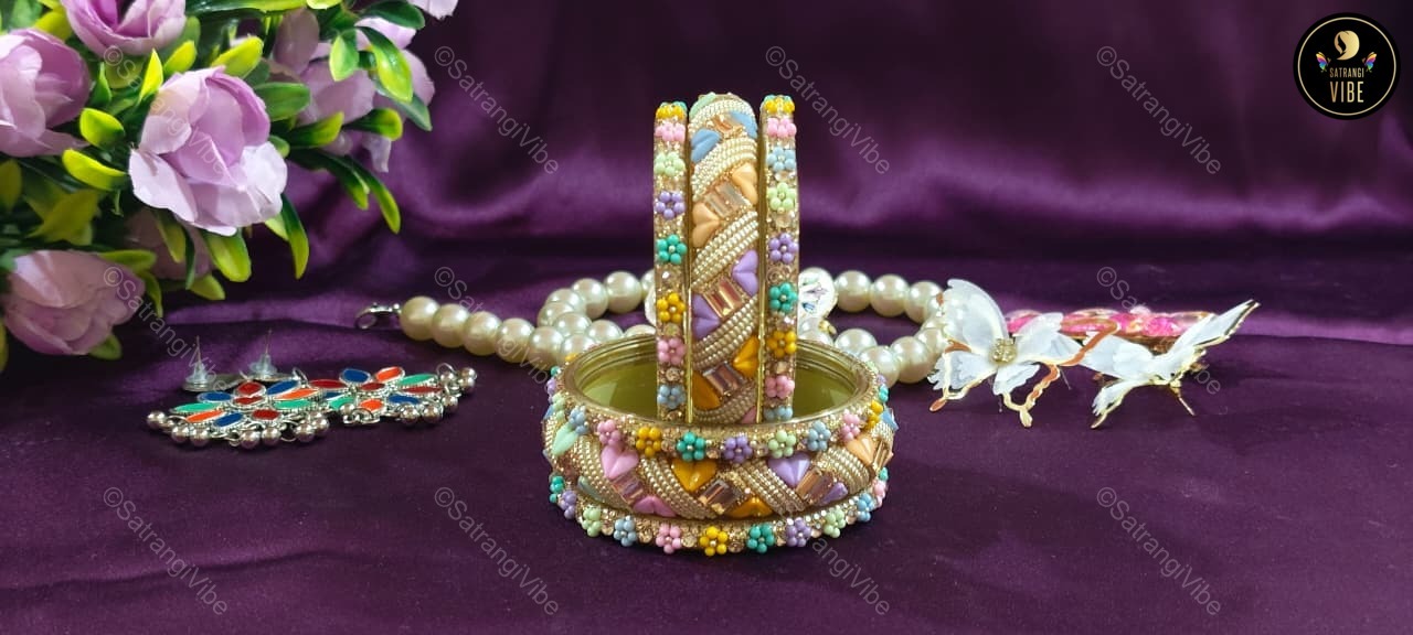 Set of Six Multi Colored Heart Flower Bangles Set - Image 2