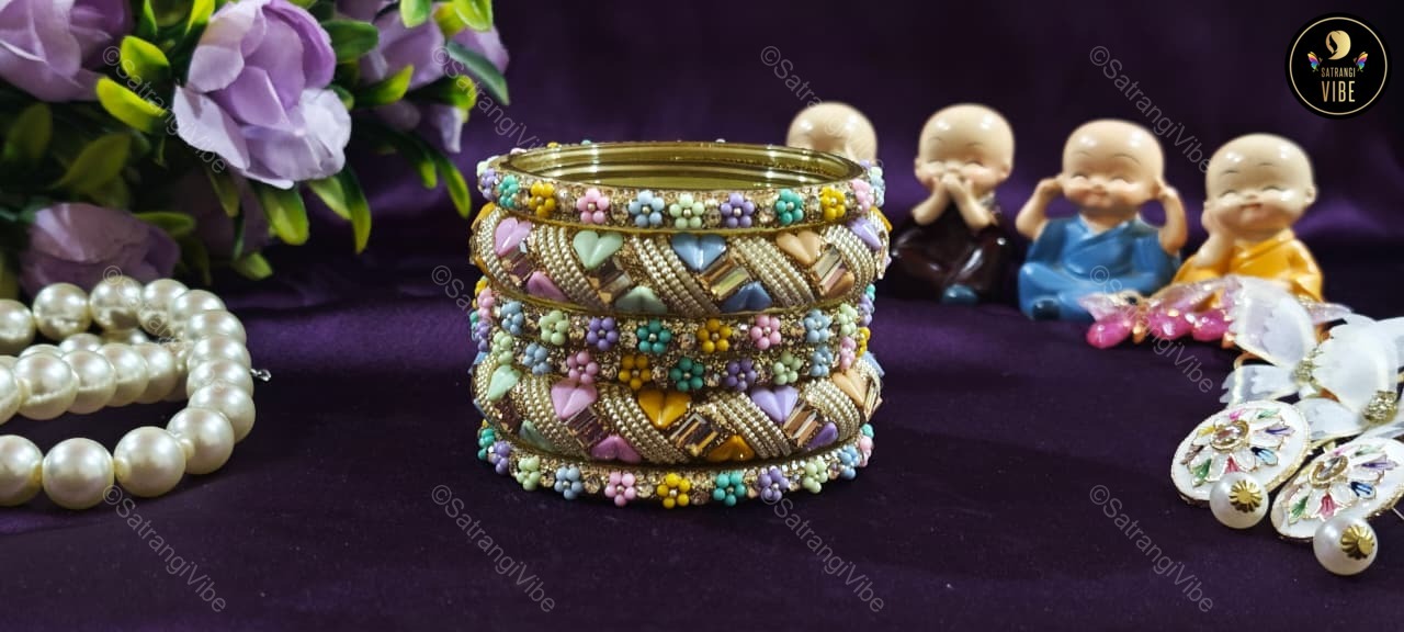 Set of Six Multi Colored Heart Flower Bangles Set - Image 3
