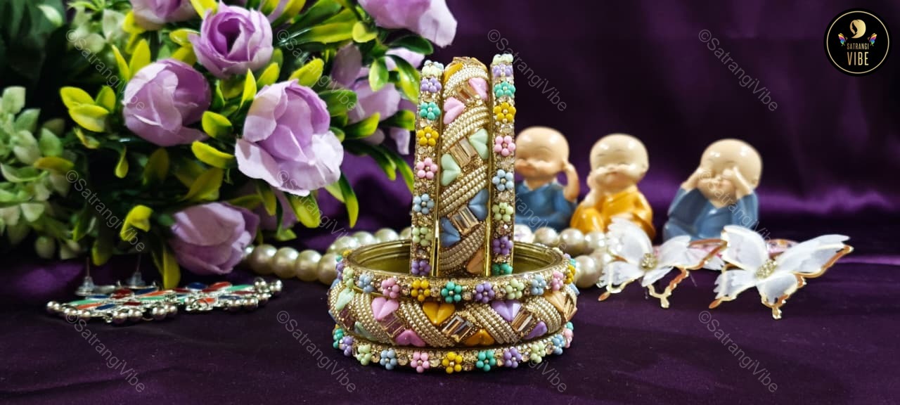 Set of Six Multi Colored Heart Flower Bangles Set - Image 4