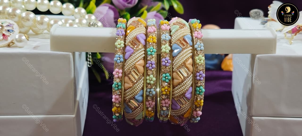 Set of Six Multi Colored Heart Flower Bangles Set - Image 5