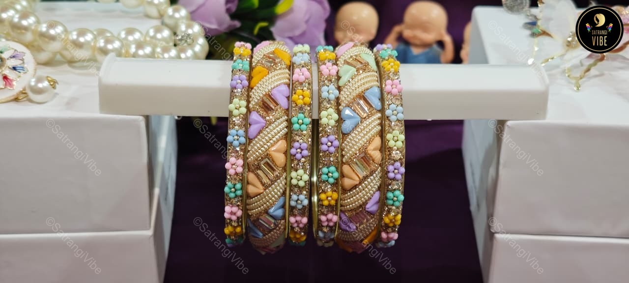 Set of Six Multi Colored Heart Flower Bangles Set - Image 6