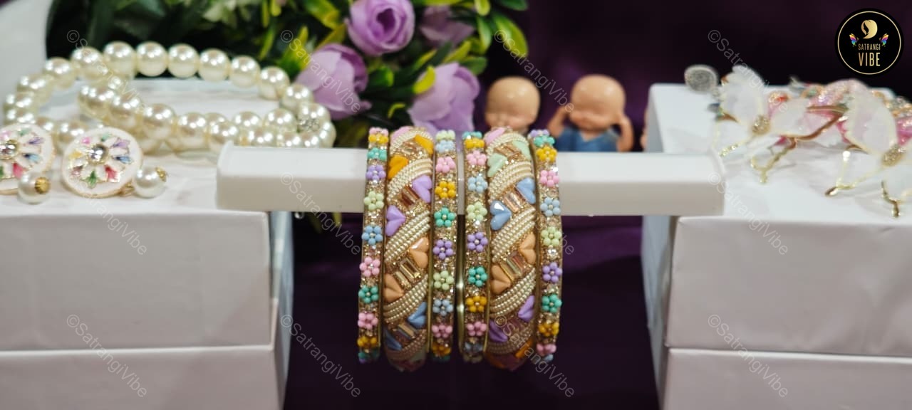 Set of Six Multi Colored Heart Flower Bangles Set - Image 7