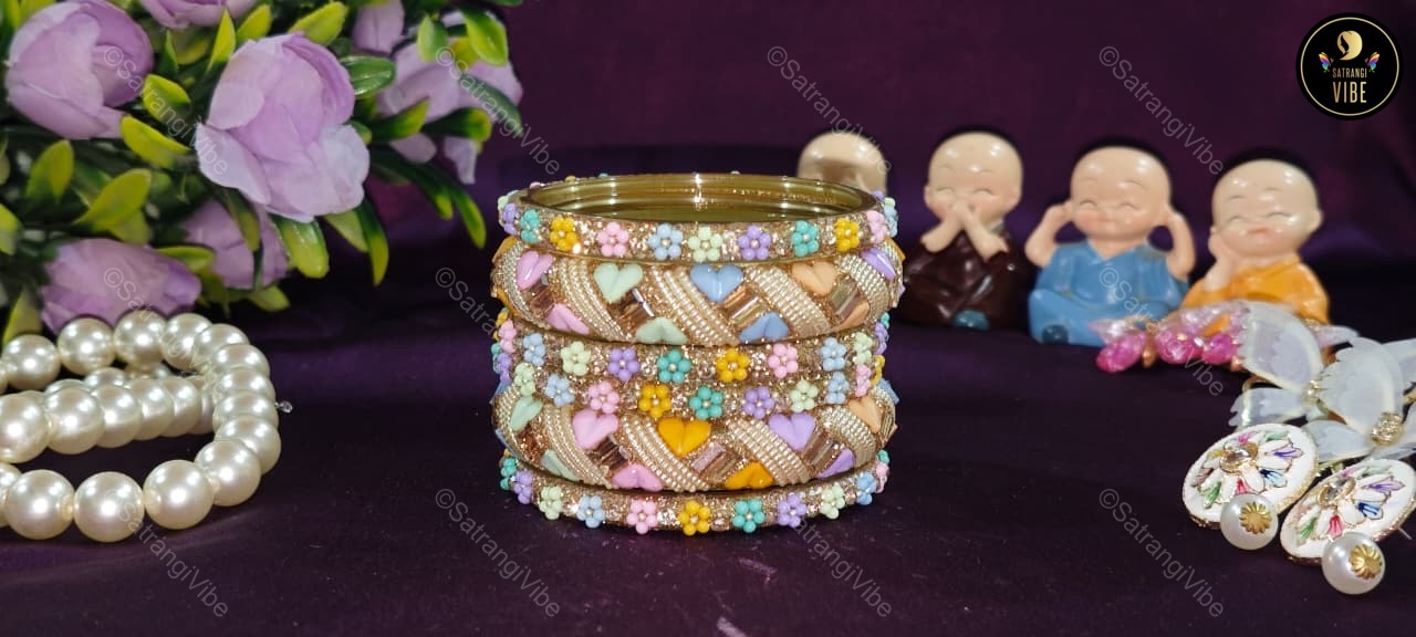 Set of Six Multi Colored Heart Flower Bangles Set
