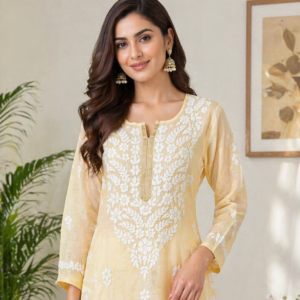 Beige Chikan Cotton Kurti Main