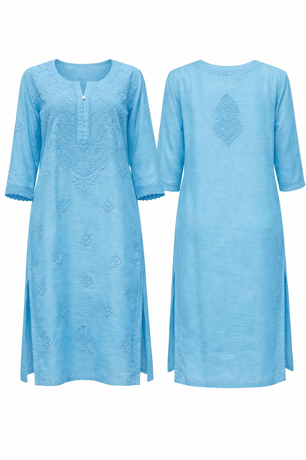 Lucknowi Chikan Handcrafted Chanderi SkyBlue Kurti - Image 4