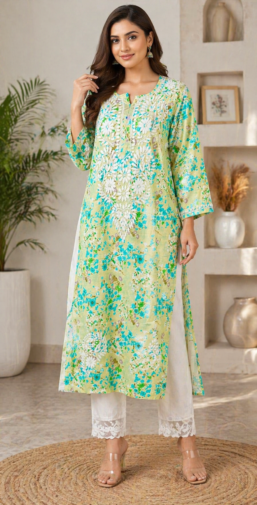 Lucknawi Chikan Handcrafted Green Printed Kurti - Image 2