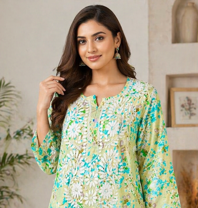 green-print-chikan-kurti