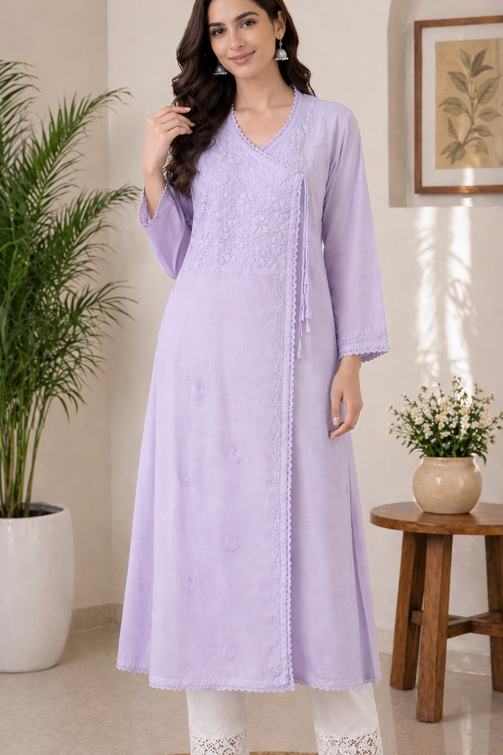 Lucknawi Chikan Handcrafted Mul Cotton Angrakha Lavendar Kurti - Image 2