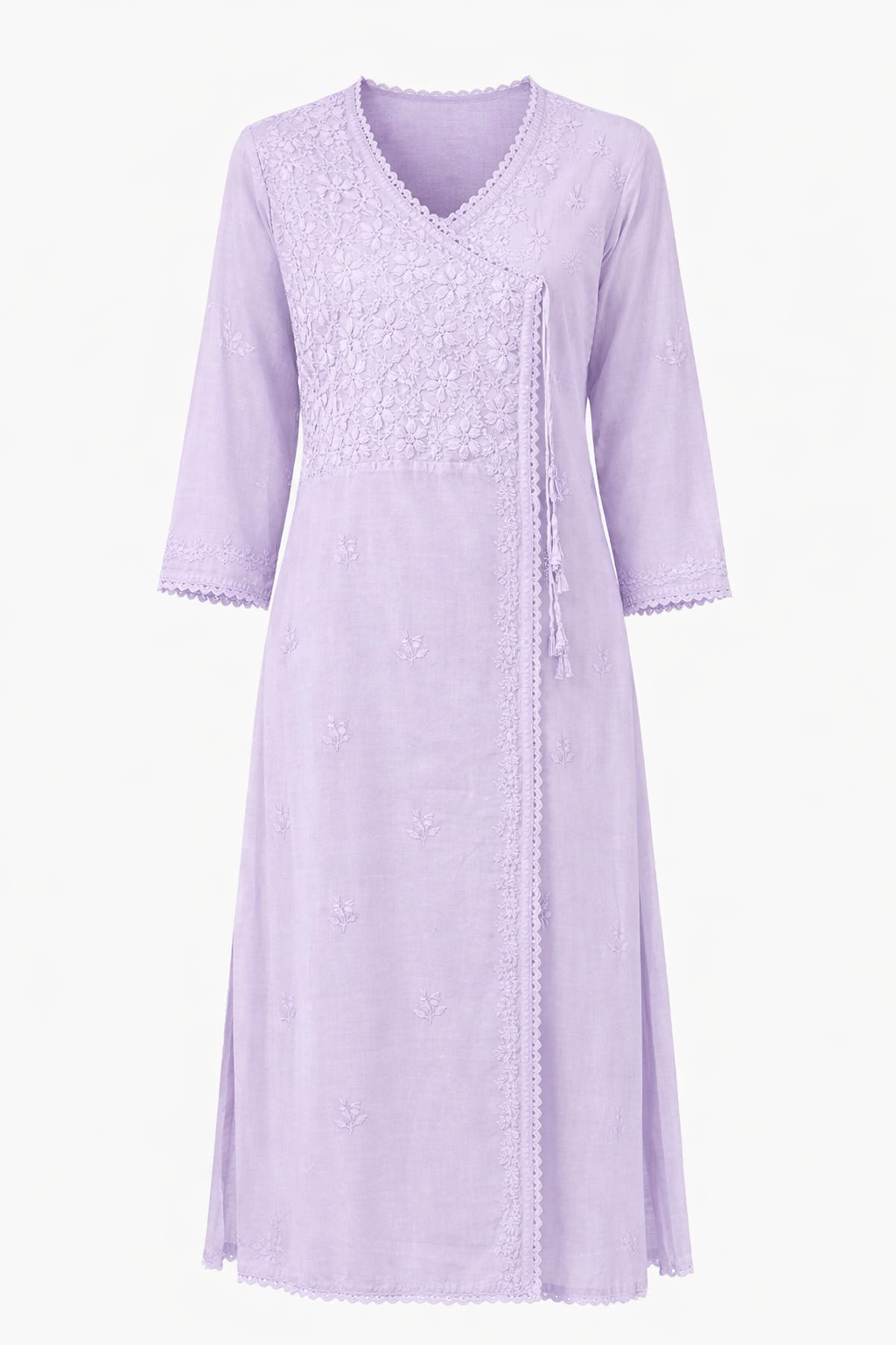 Lucknawi Chikan Handcrafted Mul Cotton Angrakha Lavendar Kurti - Image 3