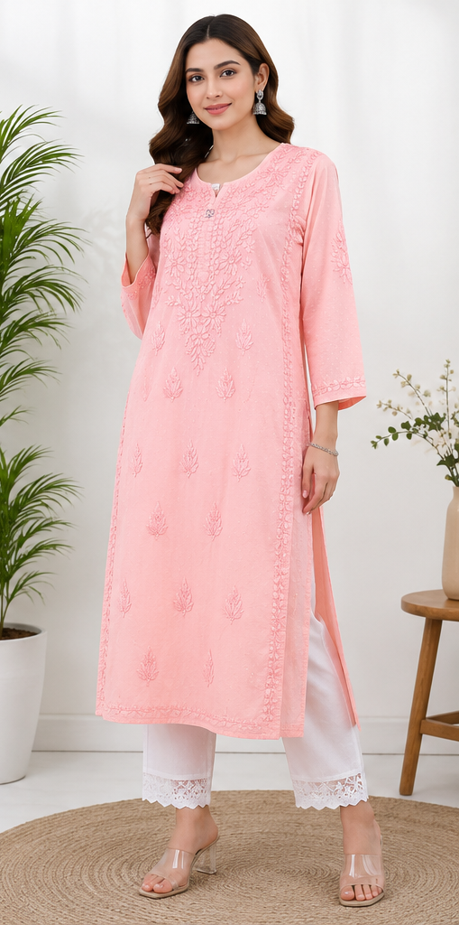 Lucknowi Chikan Handcrafted Peach Kurti - Image 3