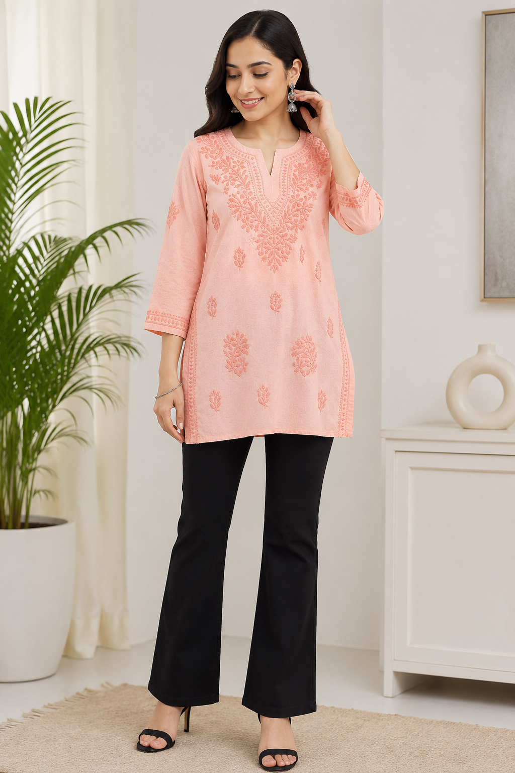 Lucknawi Chikan Handcrafted Peach-Brasso Top - Image 4