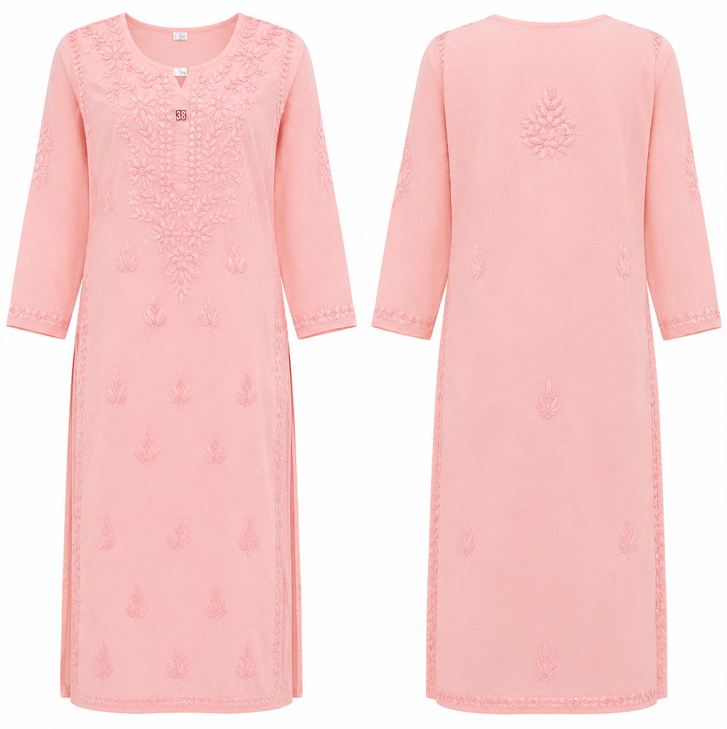 Lucknowi Chikan Handcrafted Peach Kurti - Image 2