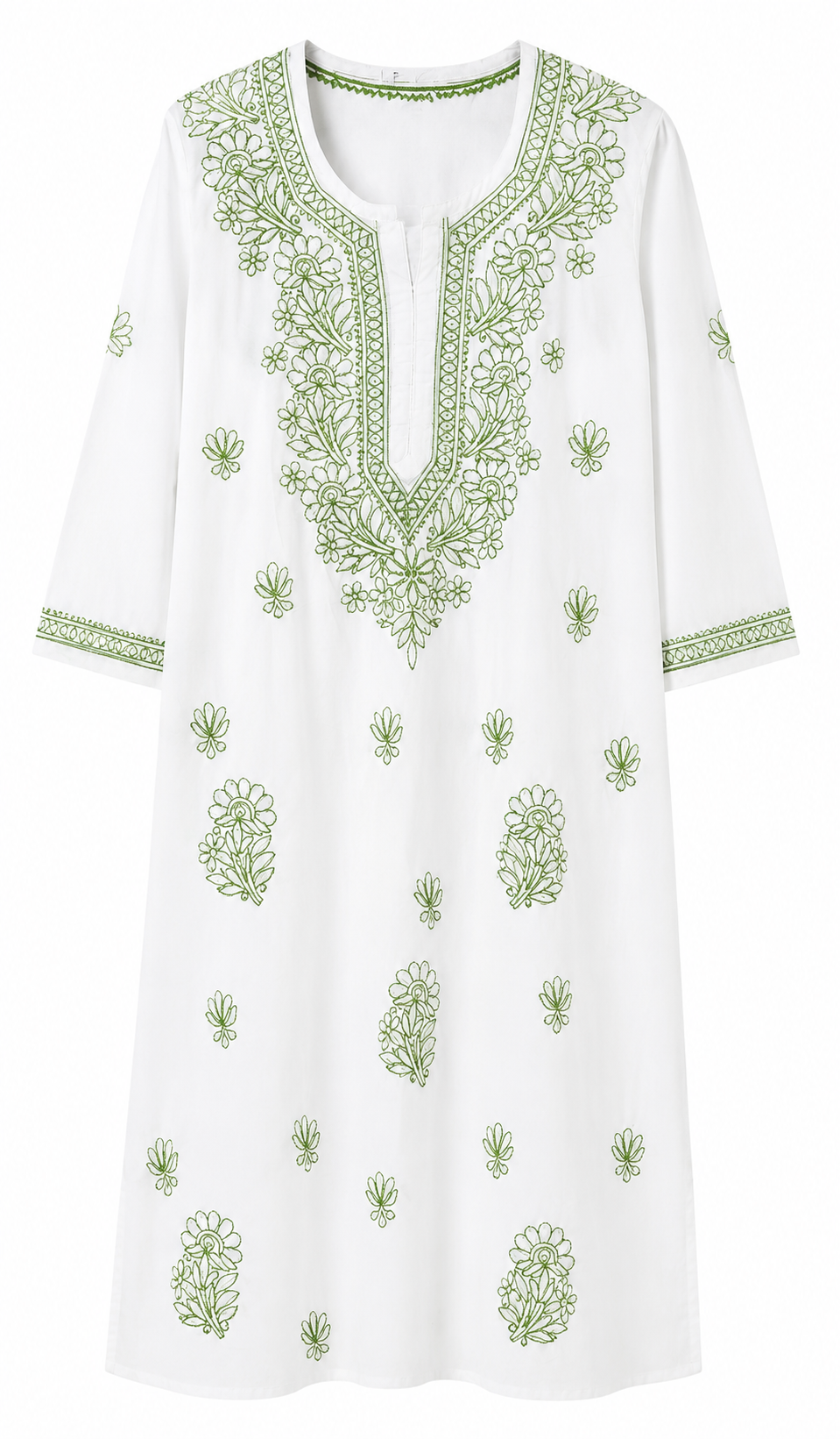 Lucknowi Chikan Handcrafted White-Green Kurti - Image 3