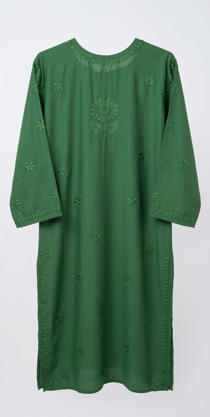 Lucknowi Chikan Handcrafted Muslin Green Kurti - Image 4