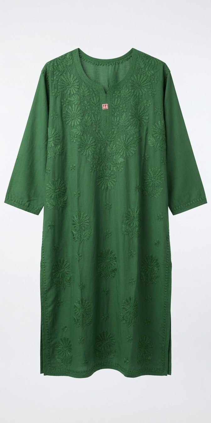 Lucknowi Chikan Handcrafted Muslin Green Kurti - Image 3